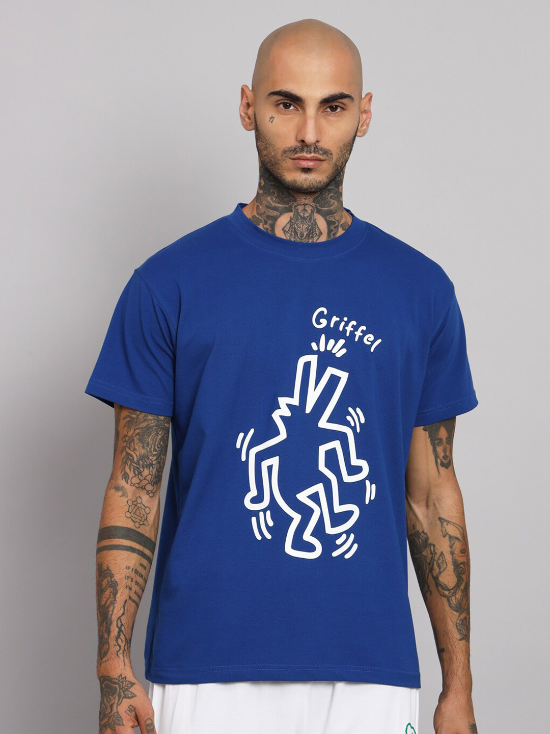 

GRIFFEL Typography Printed Round Neck Oversized Cotton T-shirt, Blue