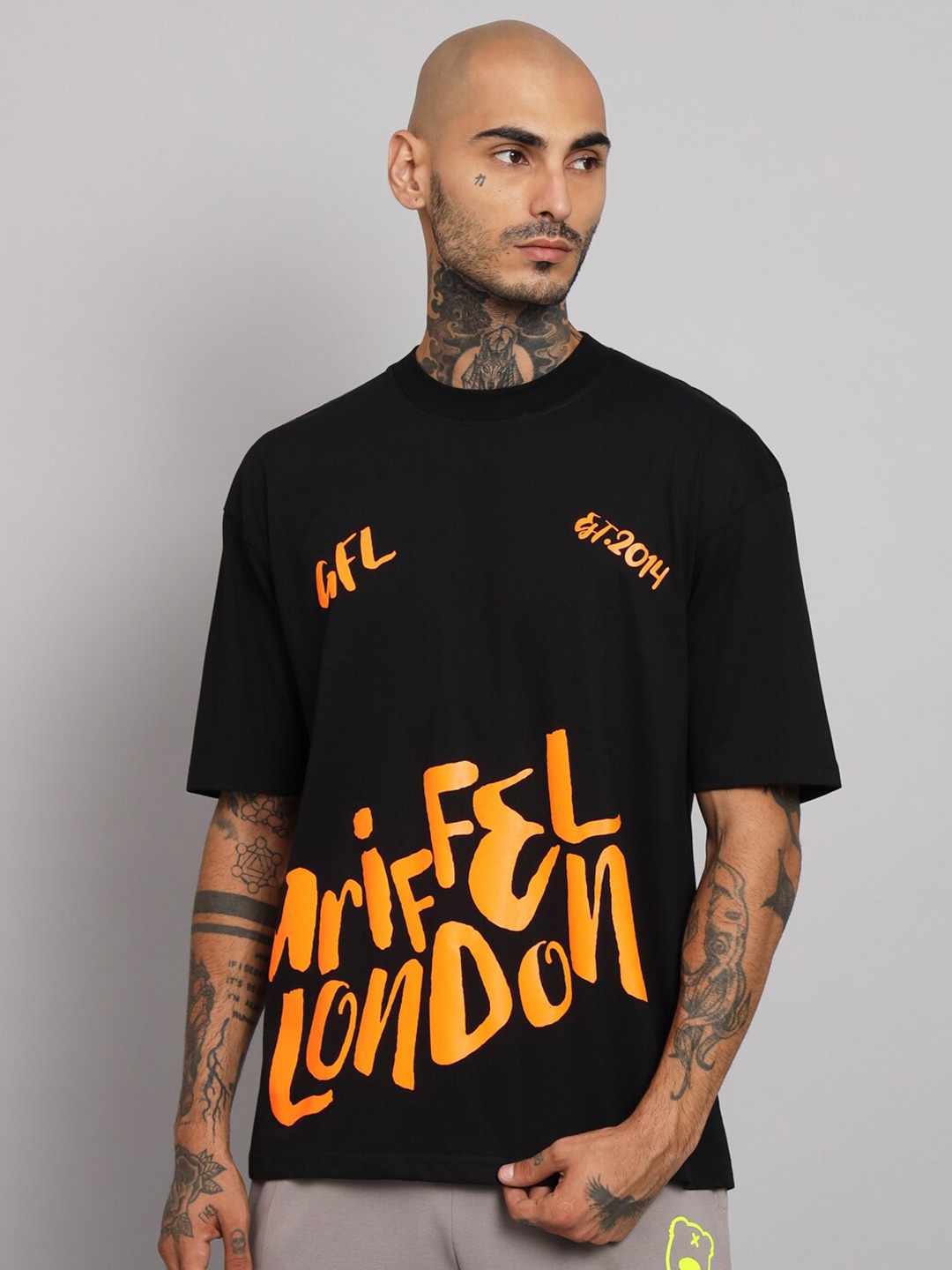 

GRIFFEL Round Neck Short Sleeves Typography Printed Cotton T-shirt, Black