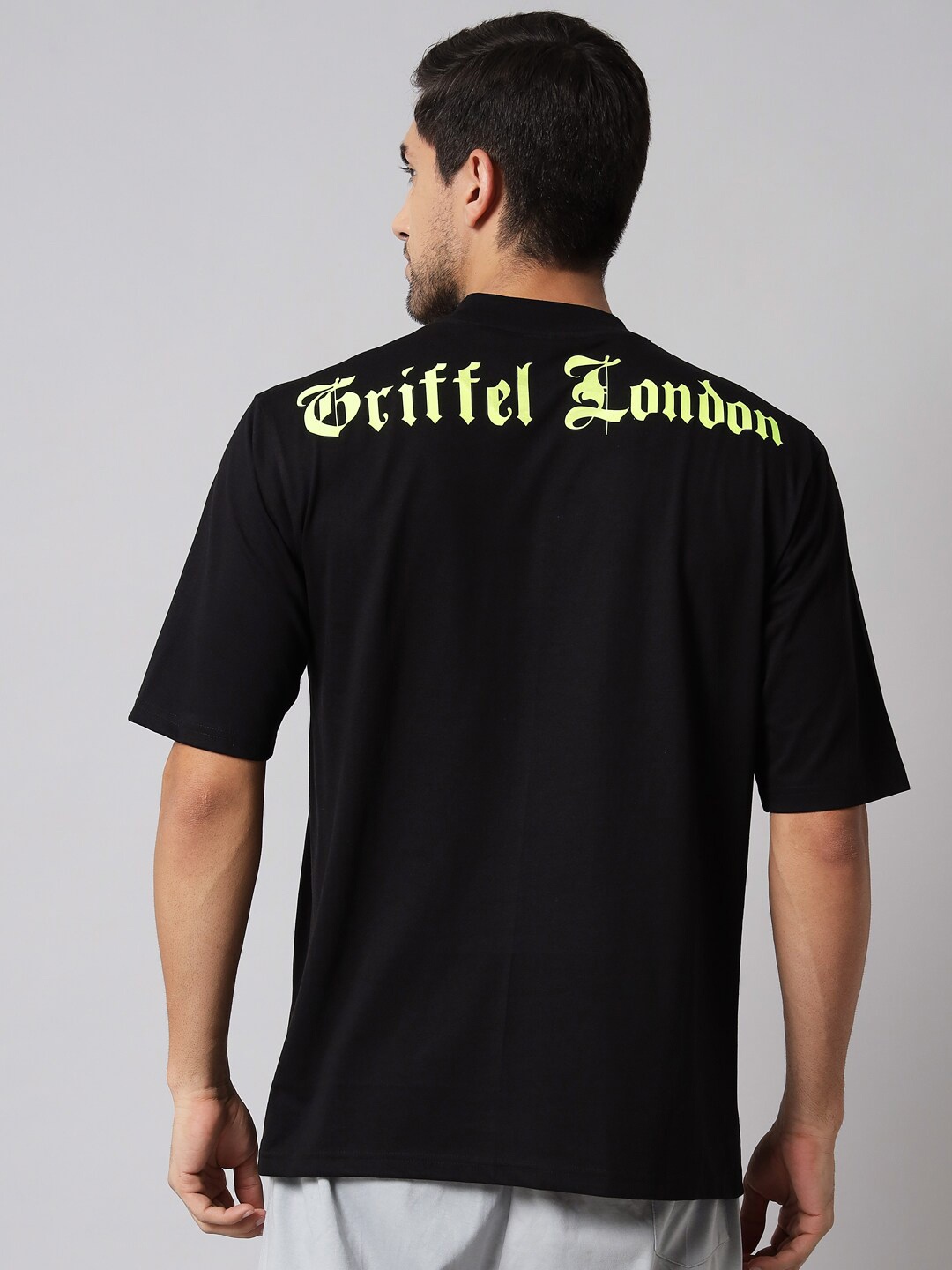 GRIFFEL Typography Printed Round Neck Oversized Cotton T-shirt, Black