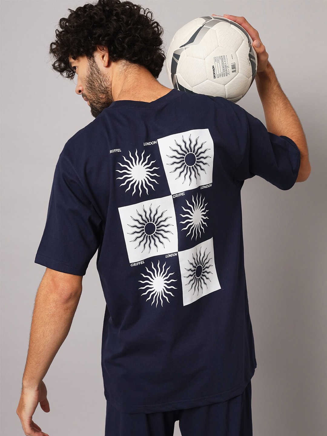 

GRIFFEL Floral Printed Round Neck Oversized Cotton T-shirt, Navy blue