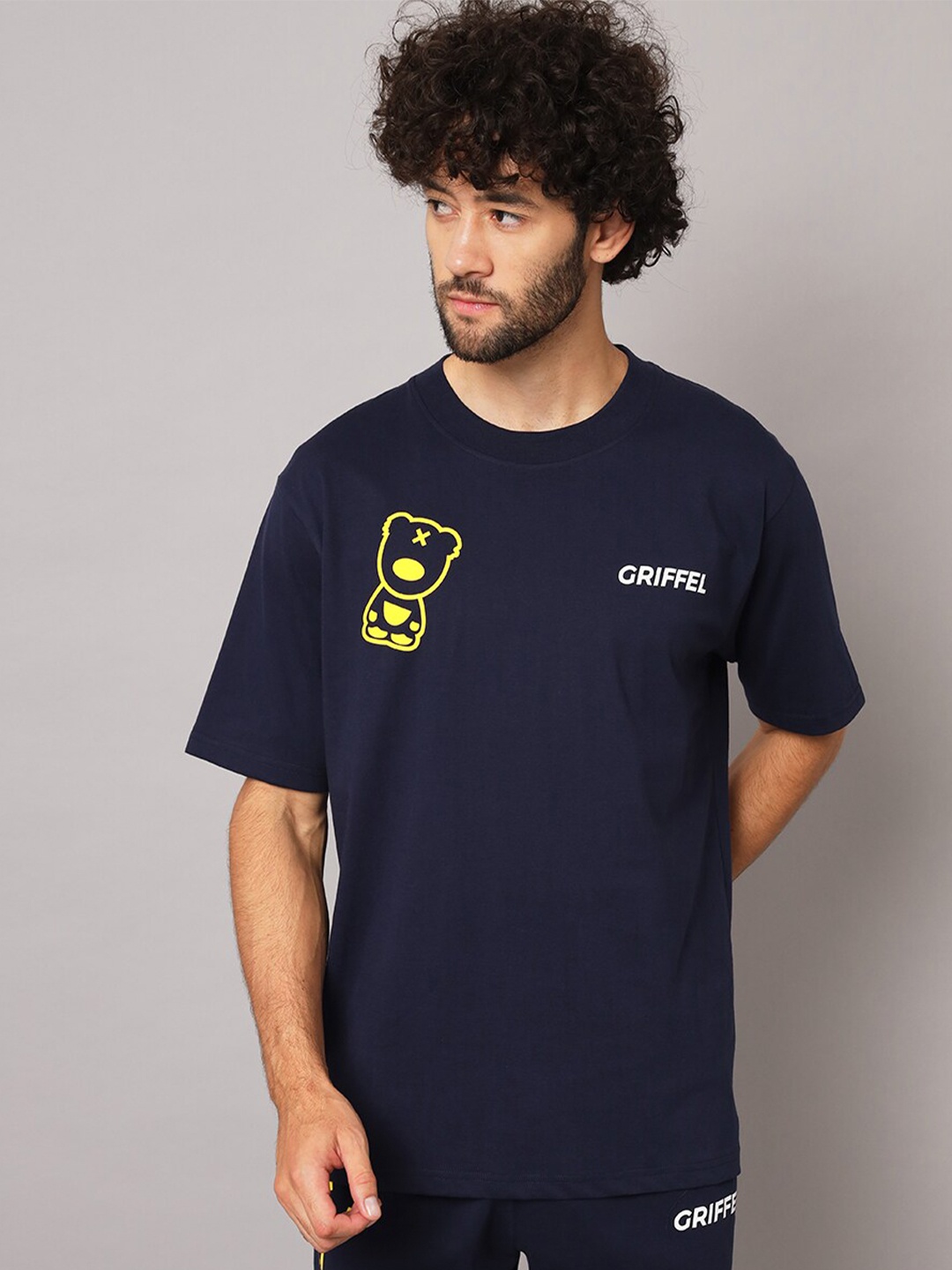 

GRIFFEL Round Neck Short Sleeves Typography Cotton T-shirt, Navy blue