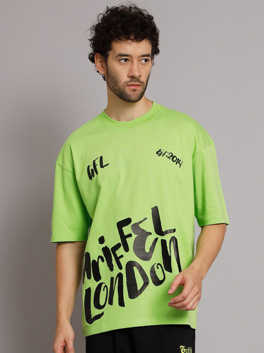 

GRIFFEL Typography Printed Round Neck Oversized Cotton T-shirt, Green