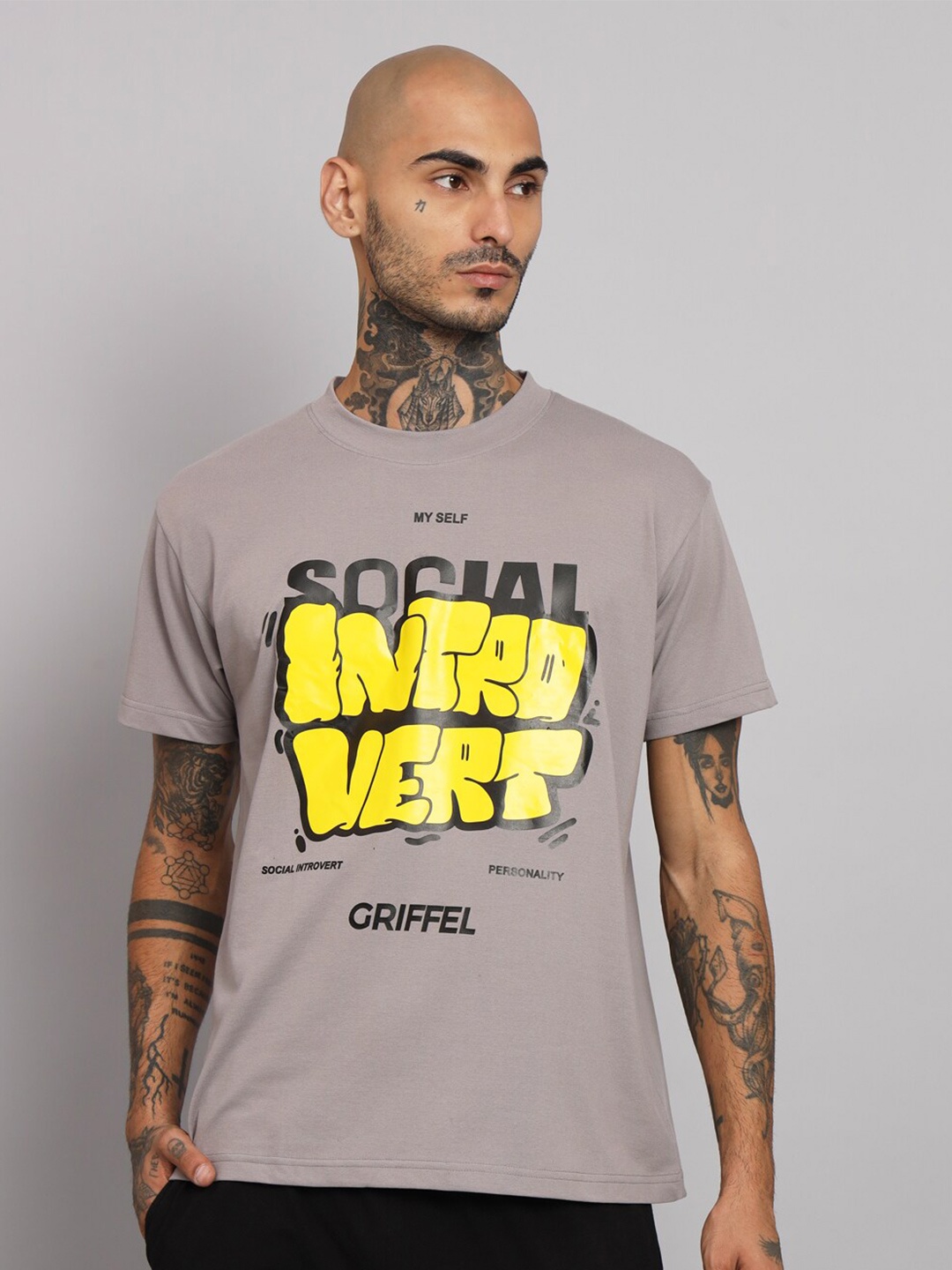 

GRIFFEL Graphic Printed Round Neck Oversized Cotton T-shirt, Grey