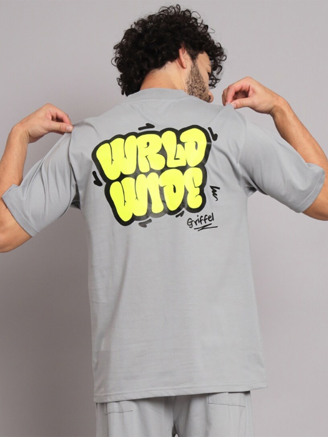 

GRIFFEL Typography Printed Round Neck Oversized Cotton T-shirt, Grey