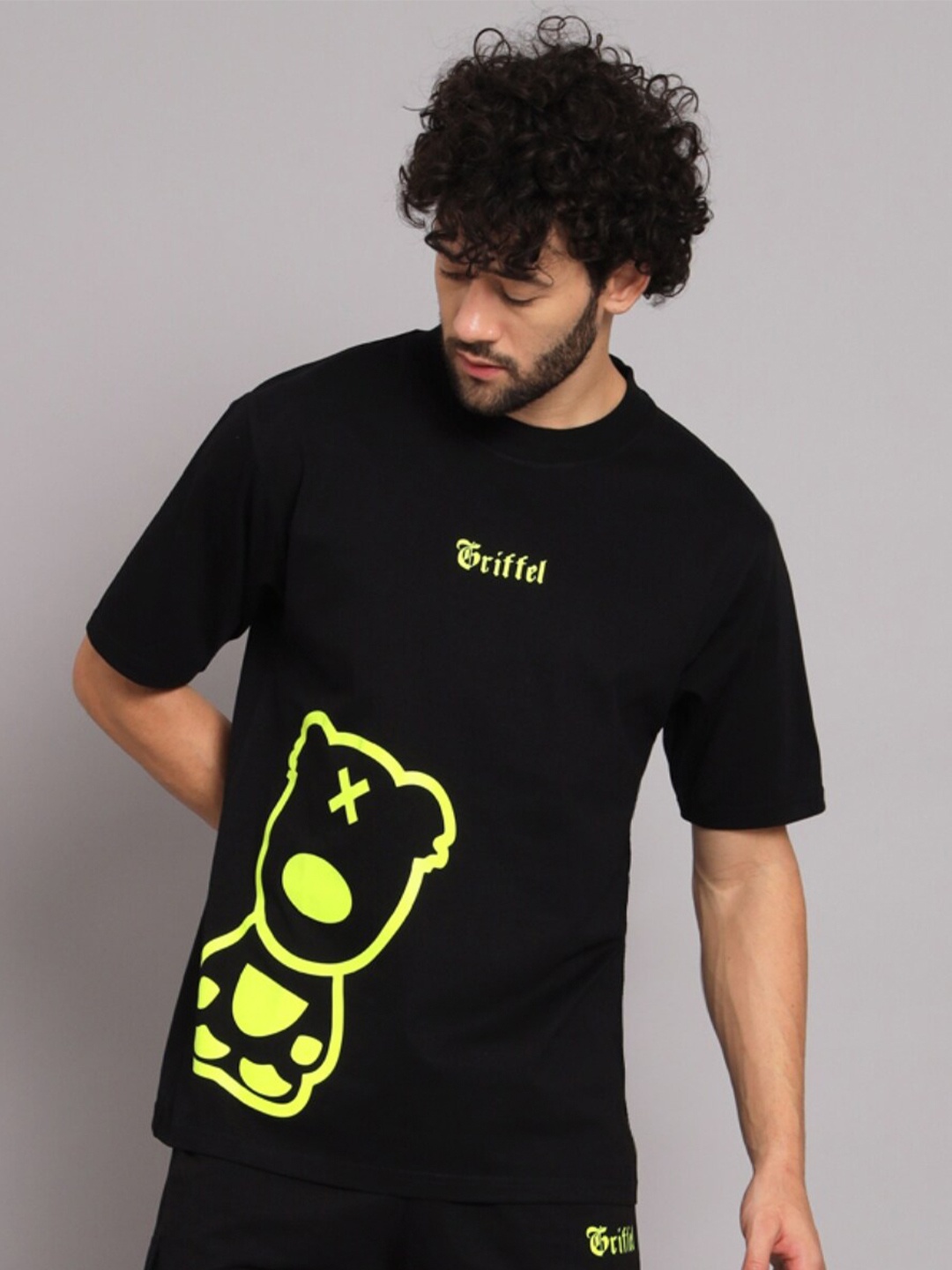 GRIFFEL Typography Printed Round Neck Oversized Cotton T-shirt, Black