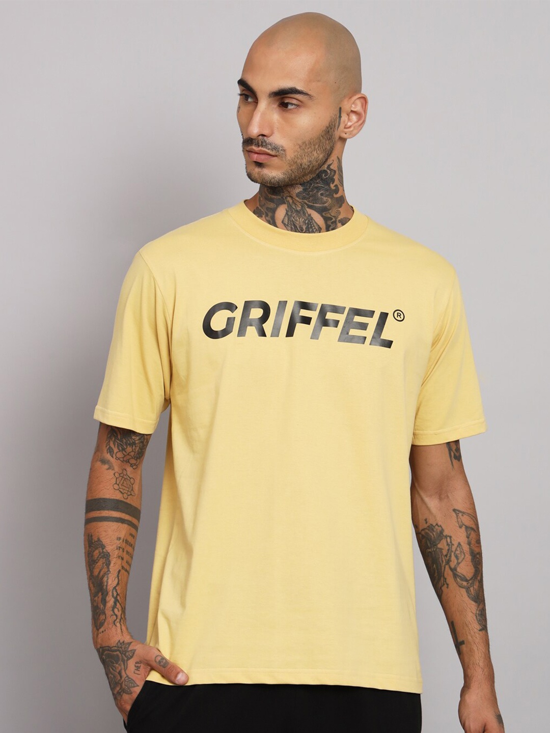 

GRIFFEL Round Neck Short Sleeves Typography Printed Cotton T-shirt, Yellow
