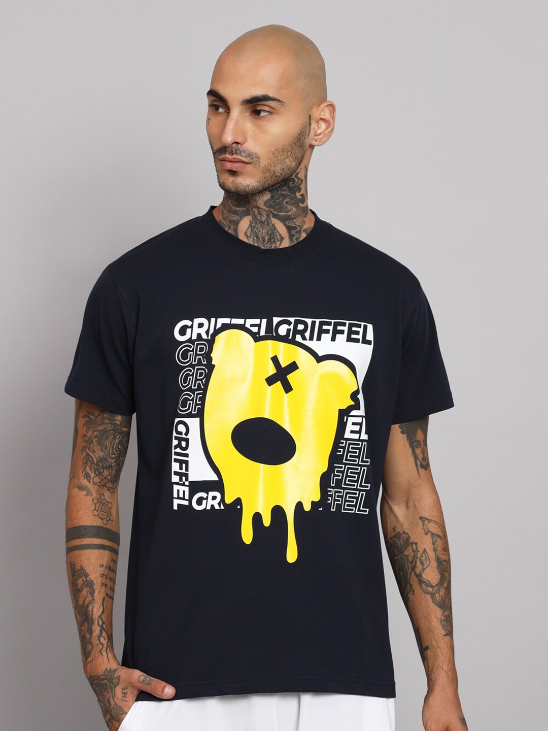 GRIFFEL round Neck Short Sleeves Typography Printed Cotton T-shirt, Navy blue