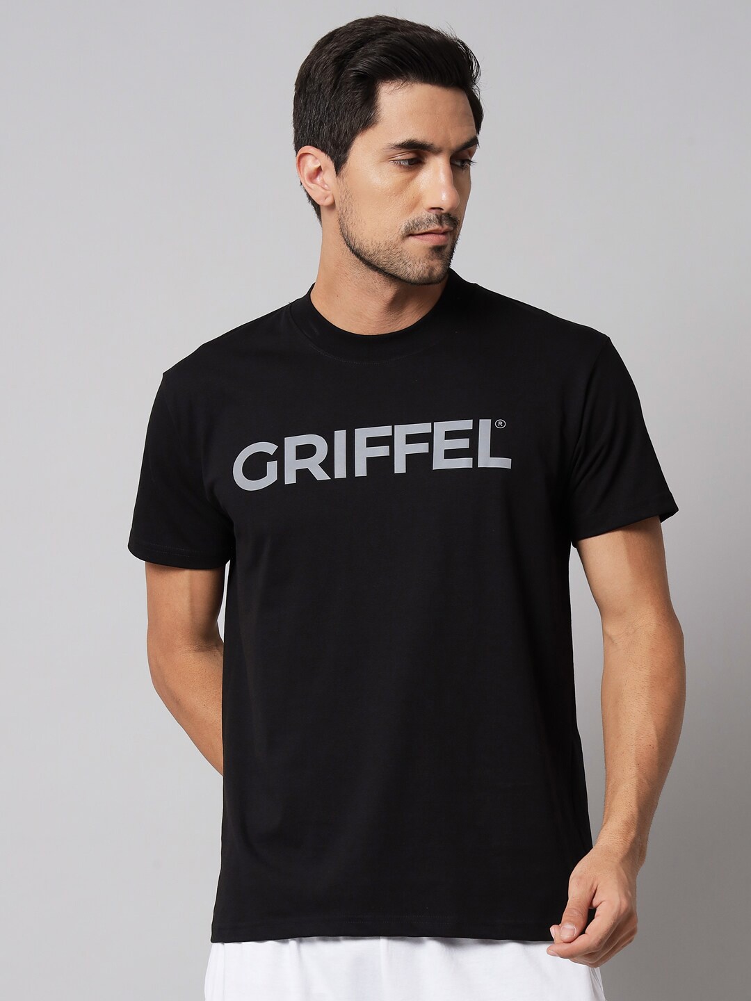 

GRIFFEL Typography Printed Round Neck Oversized Cotton T-shirt, Black