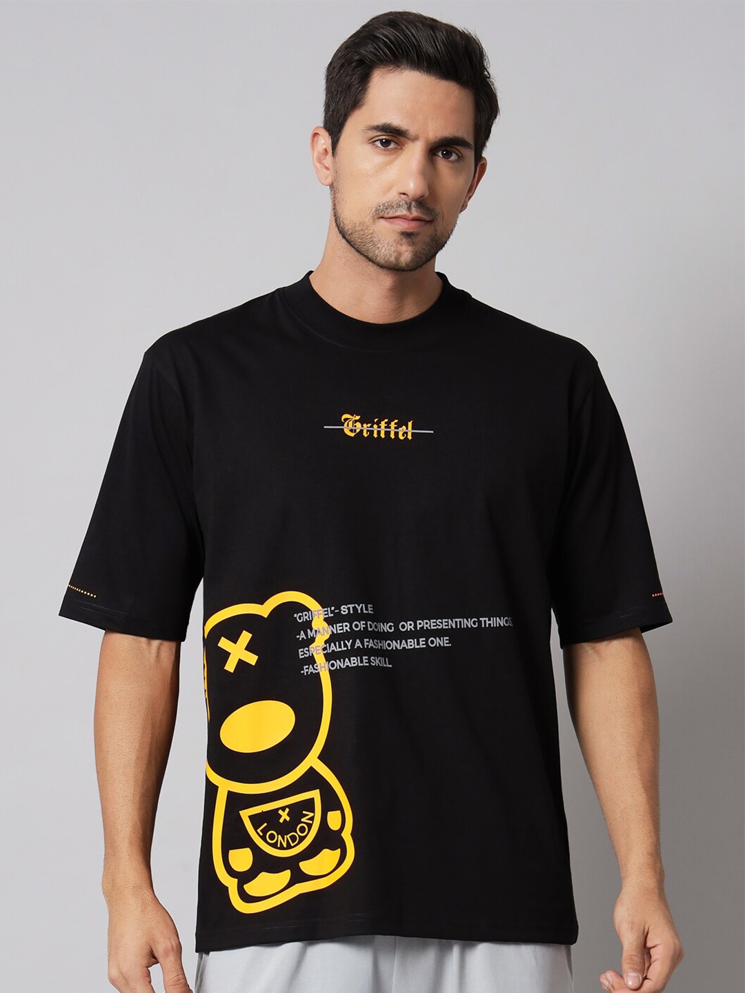 

GRIFFEL Typography Printed Round Neck Oversized Cotton T-shirt, Black