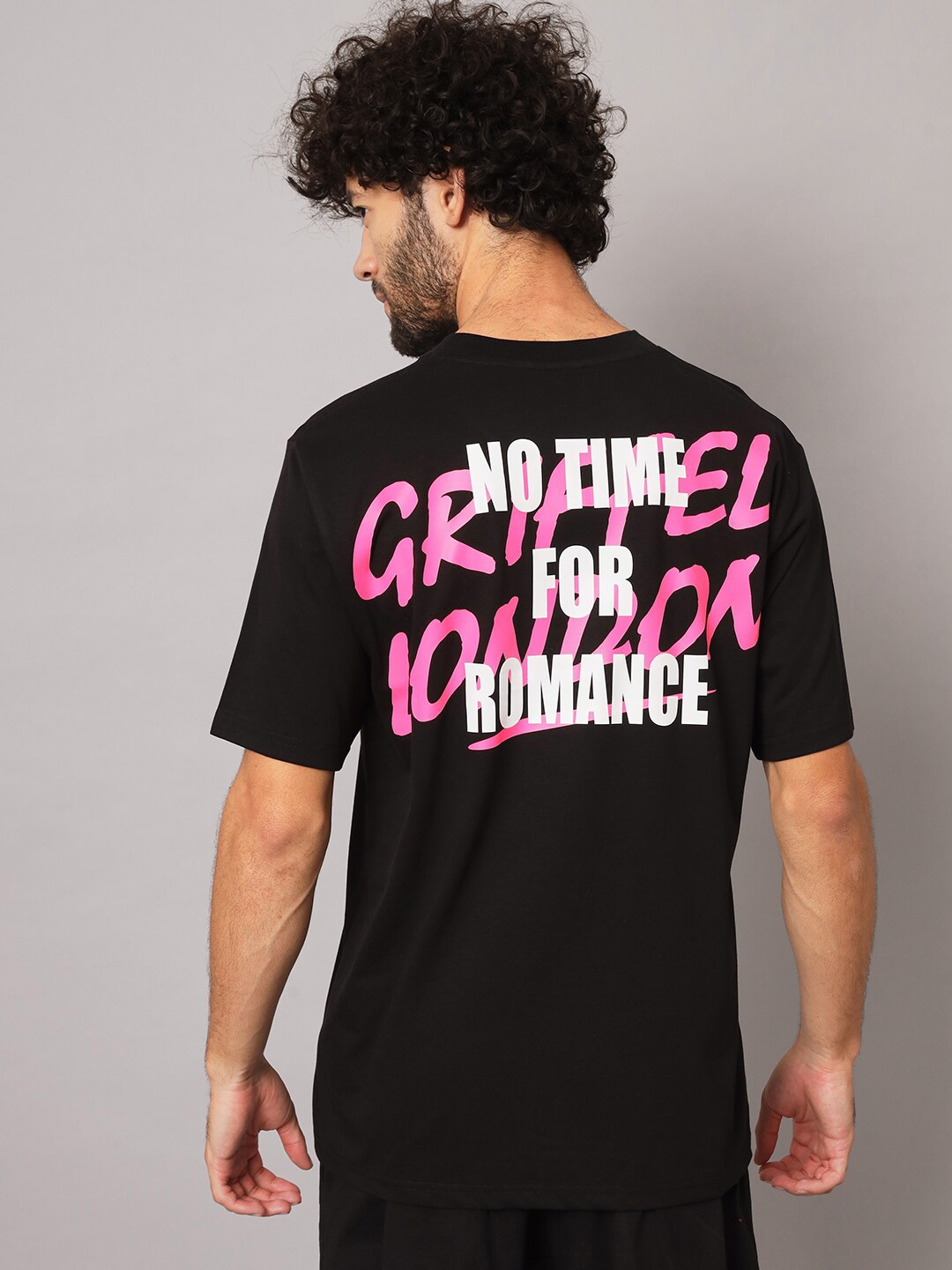 

GRIFFEL Typography Printed Round Neck Oversized Cotton T-shirt, Black