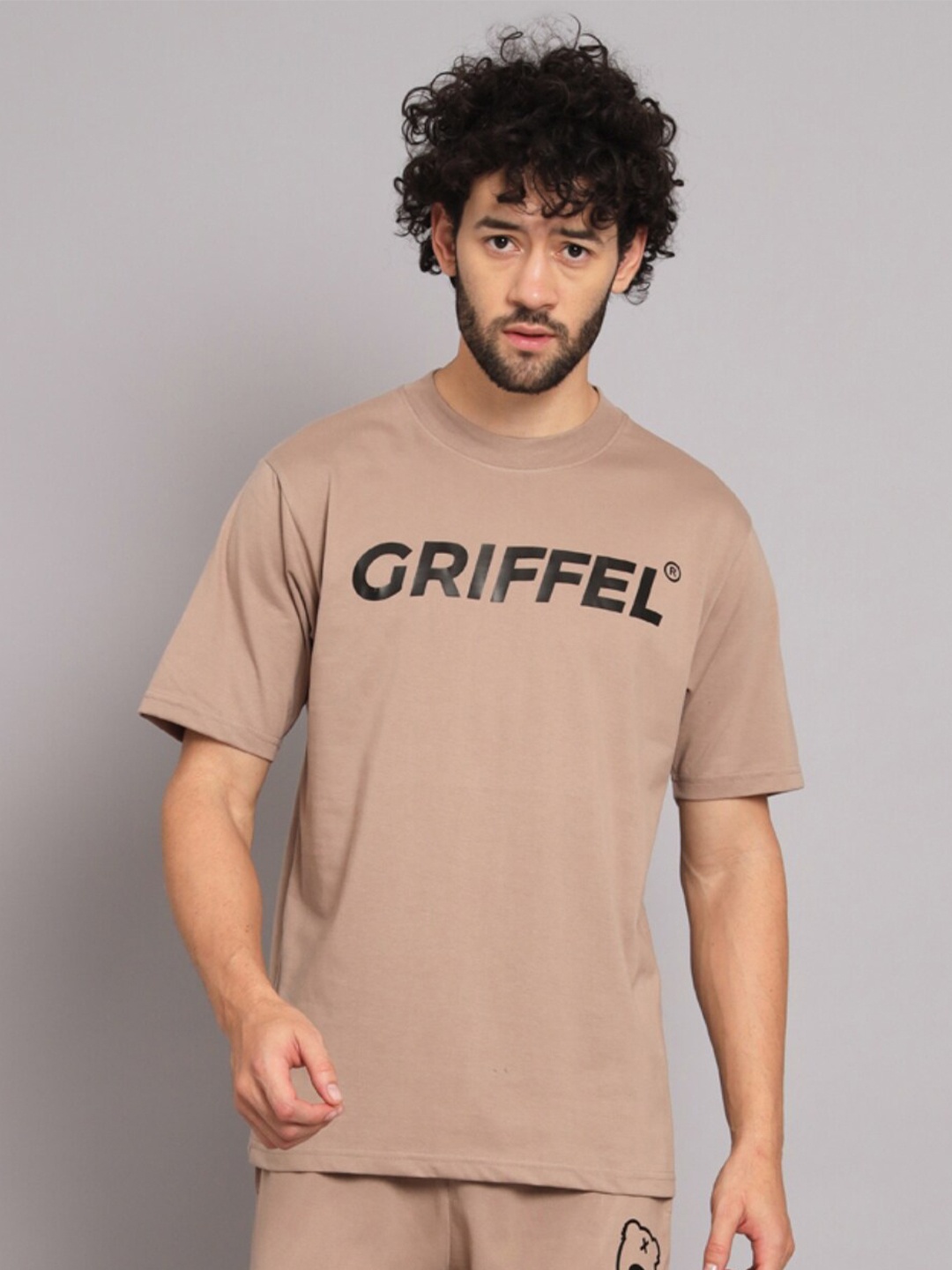 

GRIFFEL Typography Printed Cotton Oversized T-shirt, Camel brown