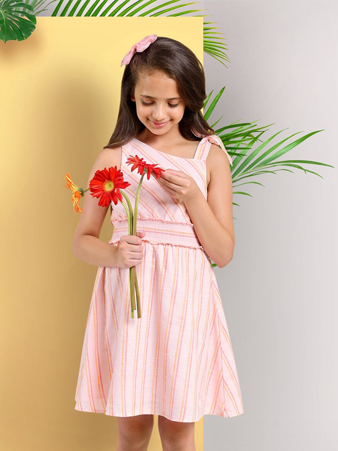 

ARIAS By LARA DUTTA Striped Fit & Flare Pure Cotton Dress, Peach