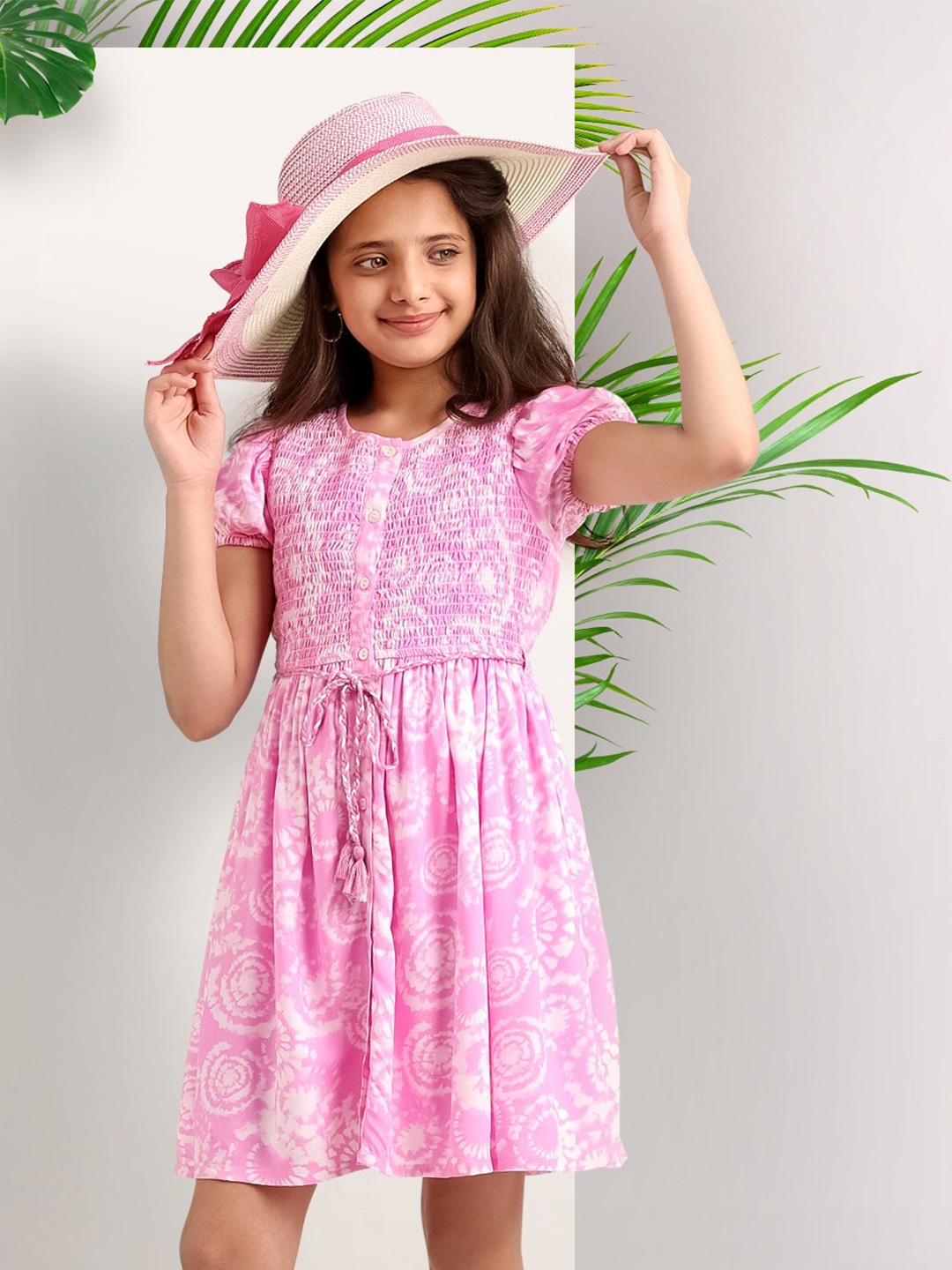 

ARIAS By LARA DUTTA Tie & Dye Smocked Fit & Flare Dress, Pink