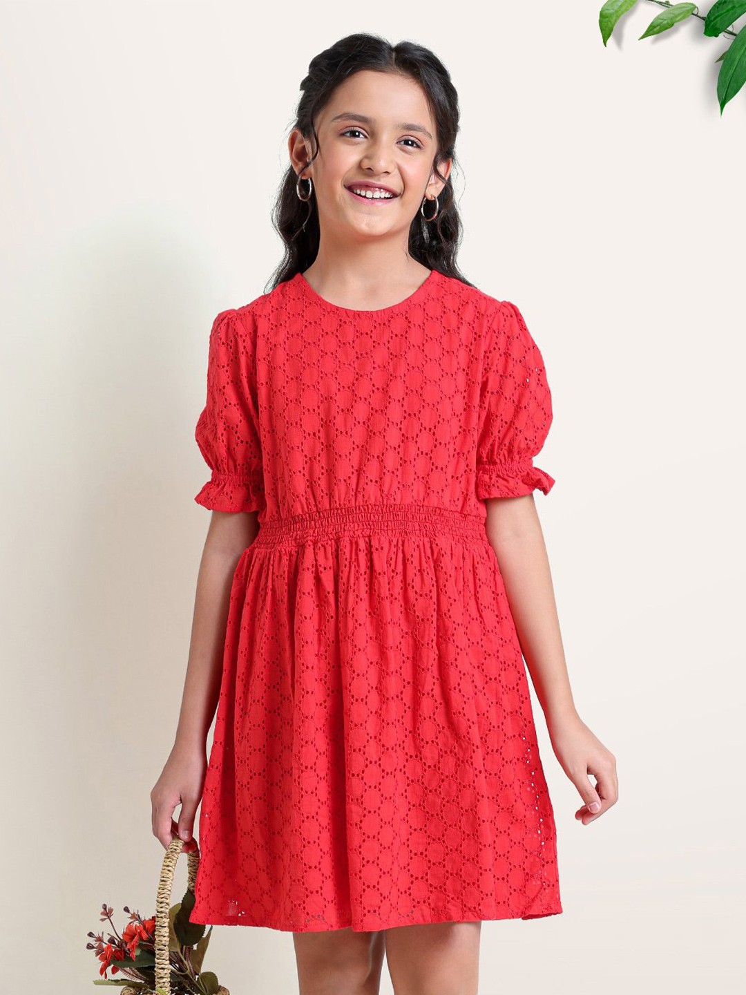

ARIAS By LARA DUTTA Girls Floral Self Design Schiffli A-Line Dress, Red