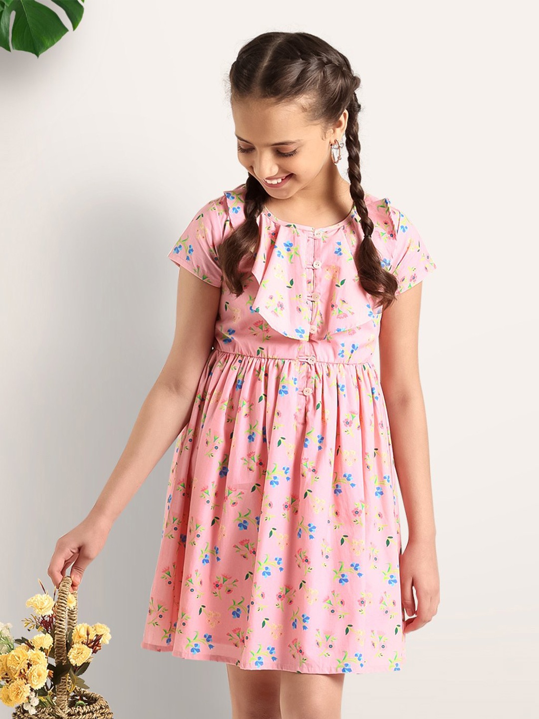 

ARIAS By LARA DUTTA Girls Floral Print Fit & Flare Cotton Dress, Pink