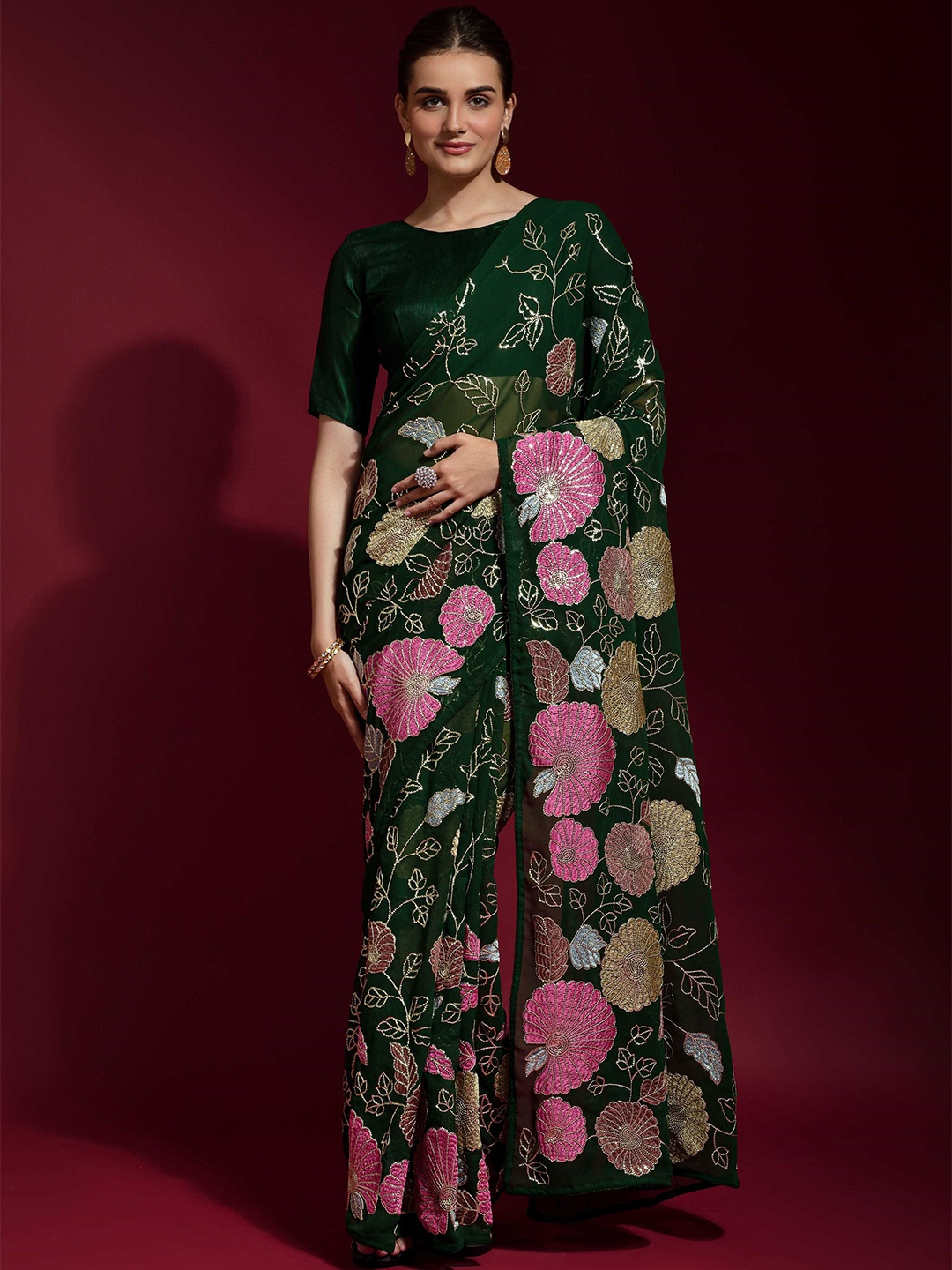 Mitera Floral Printed Saree, Green