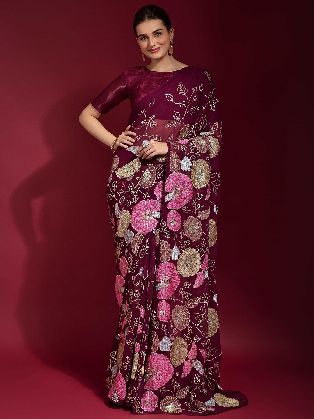 

Mitera Ethnic Motifs Embroidered Sequinned Poly Georgette Saree, Purple