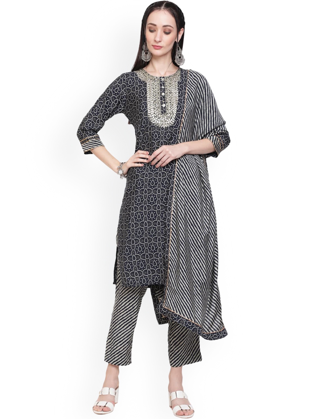 

BAESD Bandhani Printed Raw Silk Kurta With Trouser & Dupatta, Navy blue