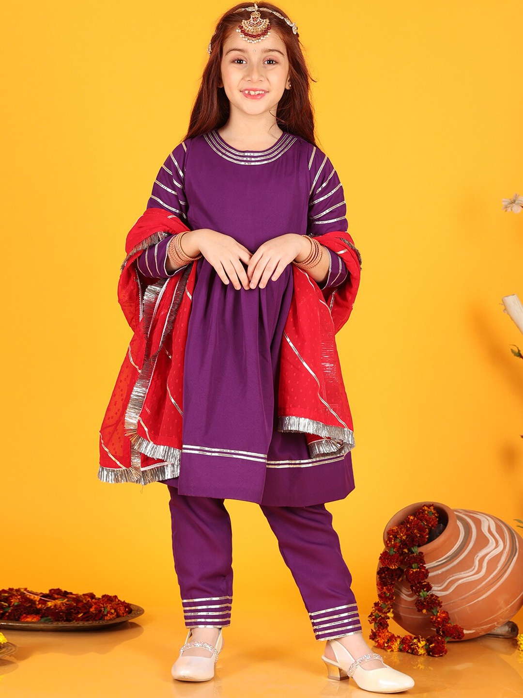 

Jilmil Girls Gotta Patti Pleated Anarkali Kurta With Trouser & Dupatta, Purple