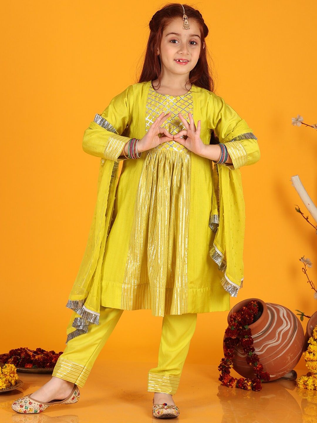 

Jilmil Girls Self Design Gotta Patti Pleated Anarkali Kurta With Trouser & Dupatta, Yellow