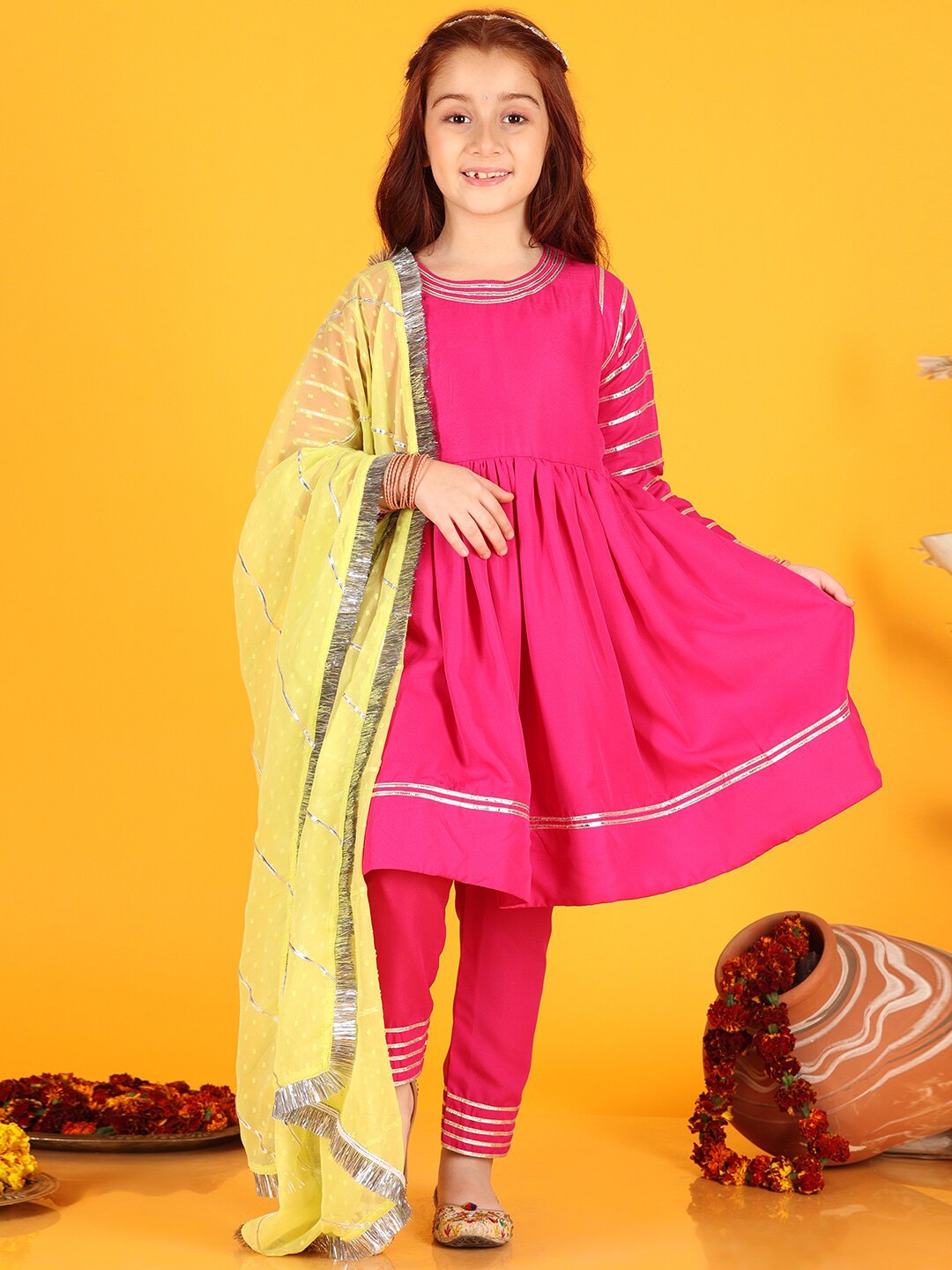 

Jilmil Girls Gotta Patti Pleated Anarkali Kurta With Trouser & Dupatta, Magenta