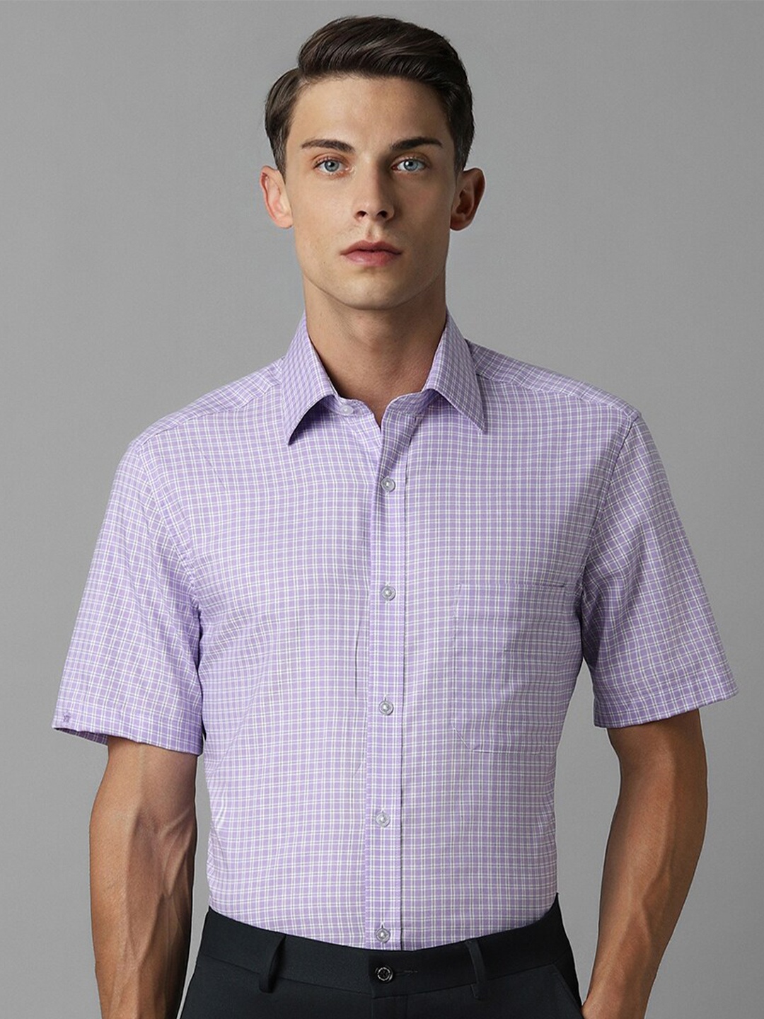 

Louis Philippe Classic Grid Tattersall Checked Pure Cotton Formal Shirt, Purple