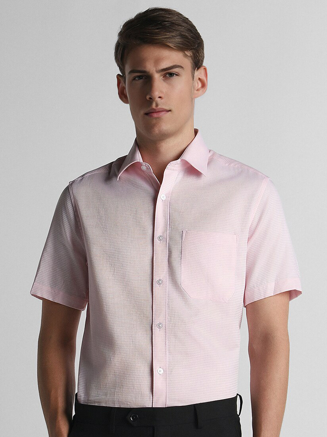 

Louis Philippe Classic Fit Textured Short Sleeves Pure Cotton Formal Shirt, Pink