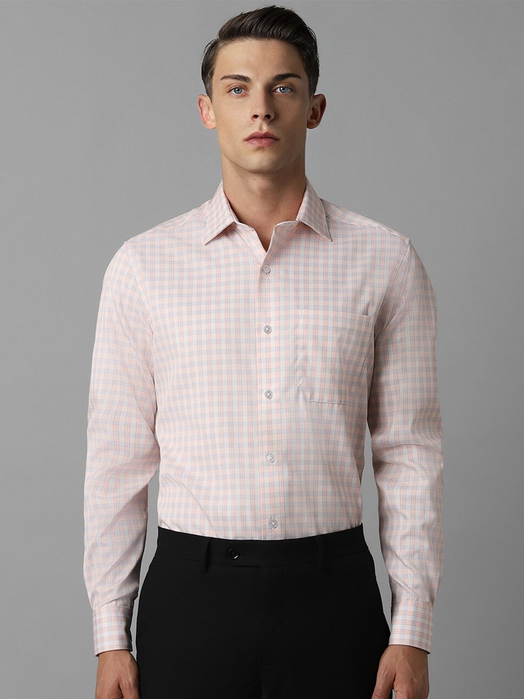 

Louis Philippe Classic Spread Collar Cotton Checked Formal Shirt, Peach