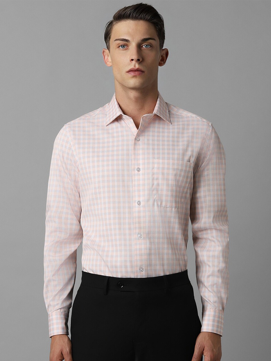 

Louis Philippe Classic Spread Collar Checked Cotton Formal Shirt, Peach