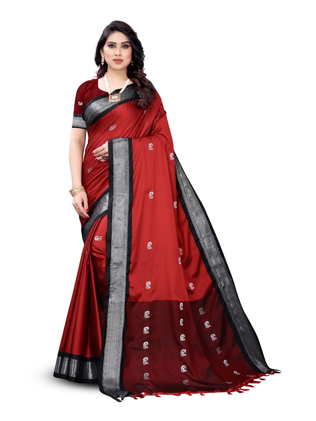 

DIVASTRI Floral Woven Design Zari Paithani Saree, Red