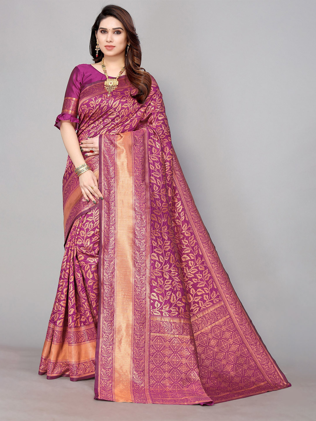 

DIVASTRI Ethnic Motifs Woven Design Zari Banarasi Saree, Purple