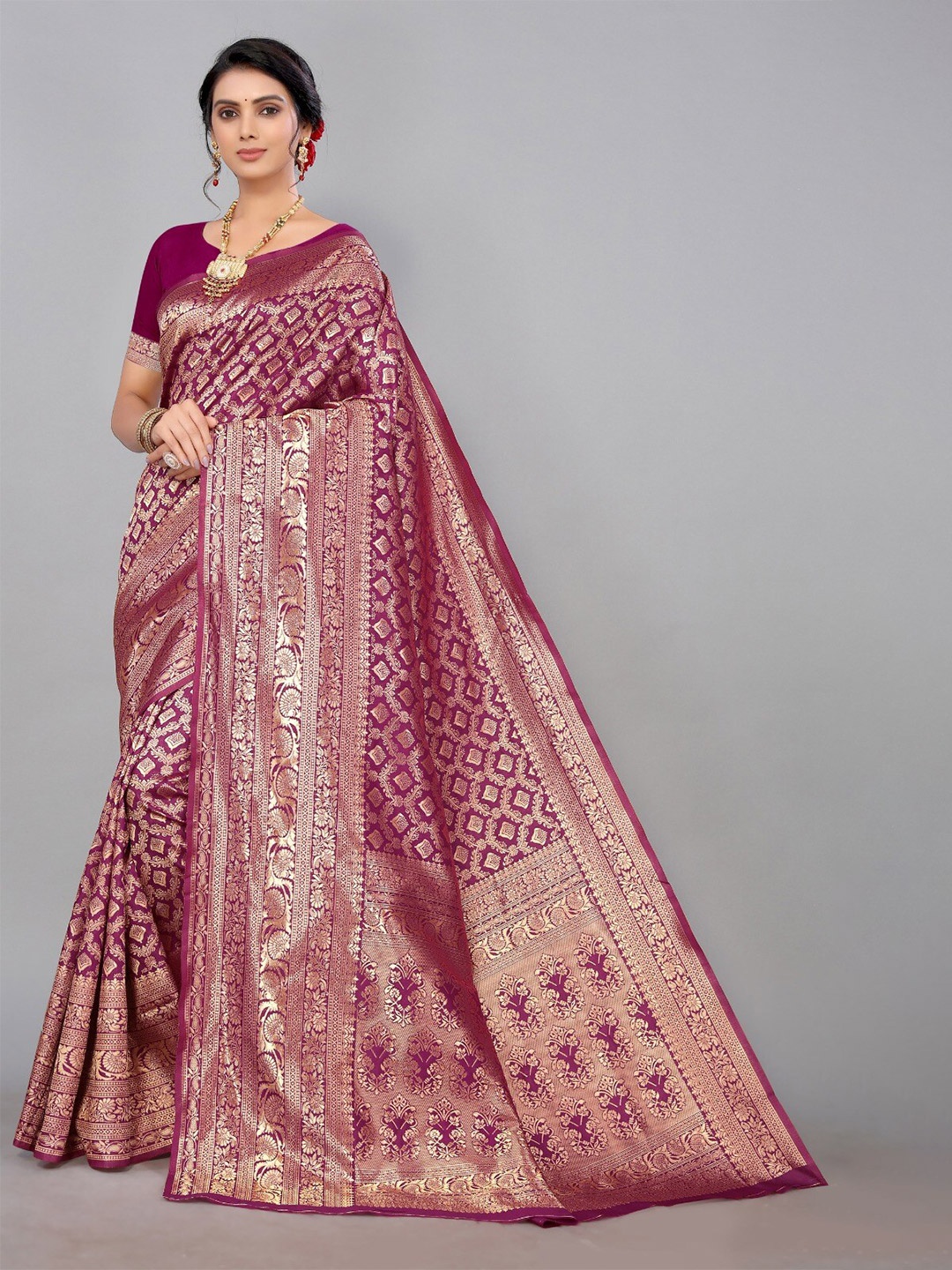 

DIVASTRI Ethnic Motifs Woven Design Zari Silk Cotton Banarasi Saree, Magenta