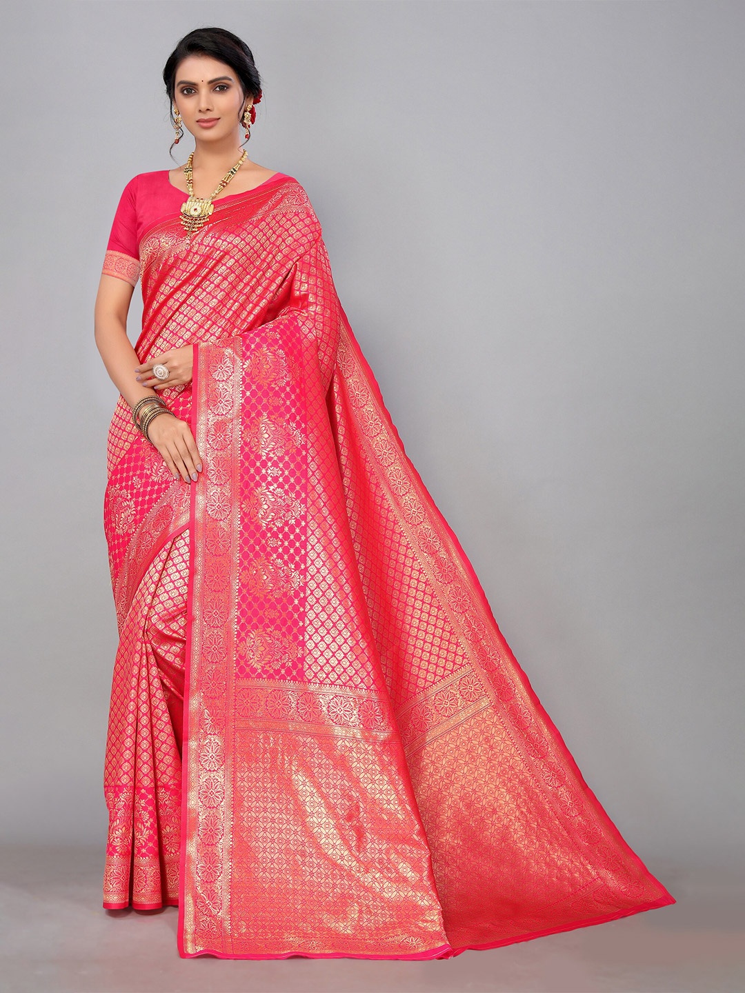 

DIVASTRI Ethnic Motifs Woven Design Zari Silk Cotton Banarasi Saree, Pink