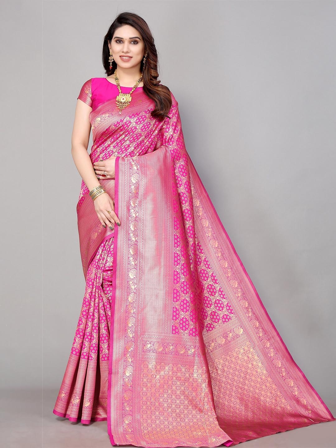 

DIVASTRI Ethnic Motifs Woven Design Zari Banarasi Saree, Pink