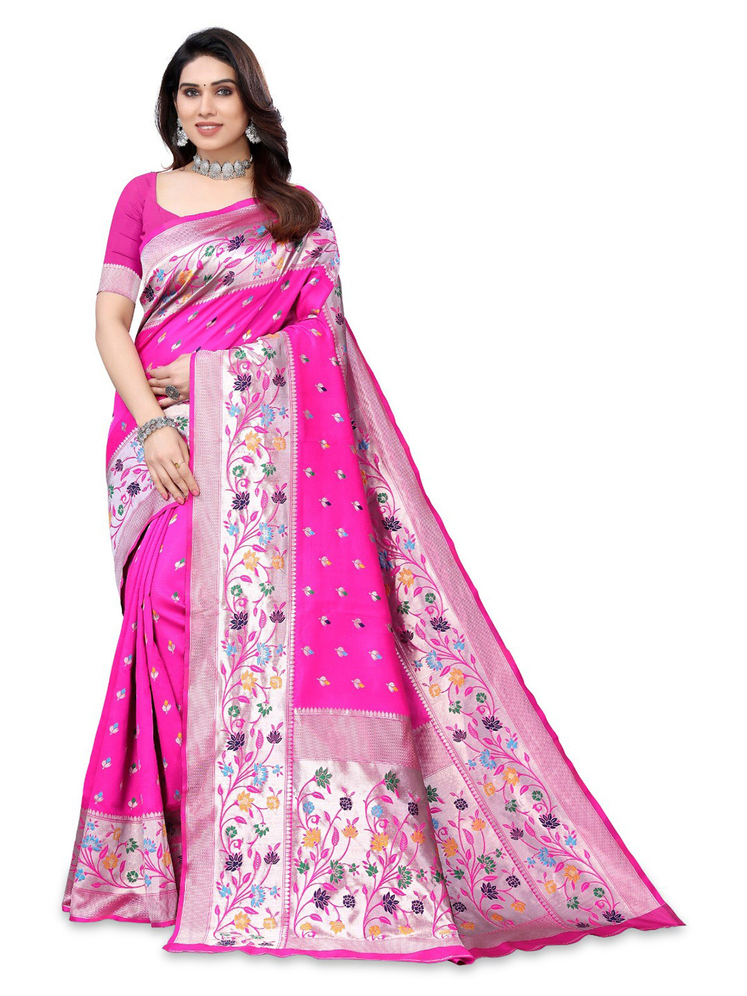

DIVASTRI Ethnic Motifs Woven Design Zari Silk Cotton Paithani Saree, Pink