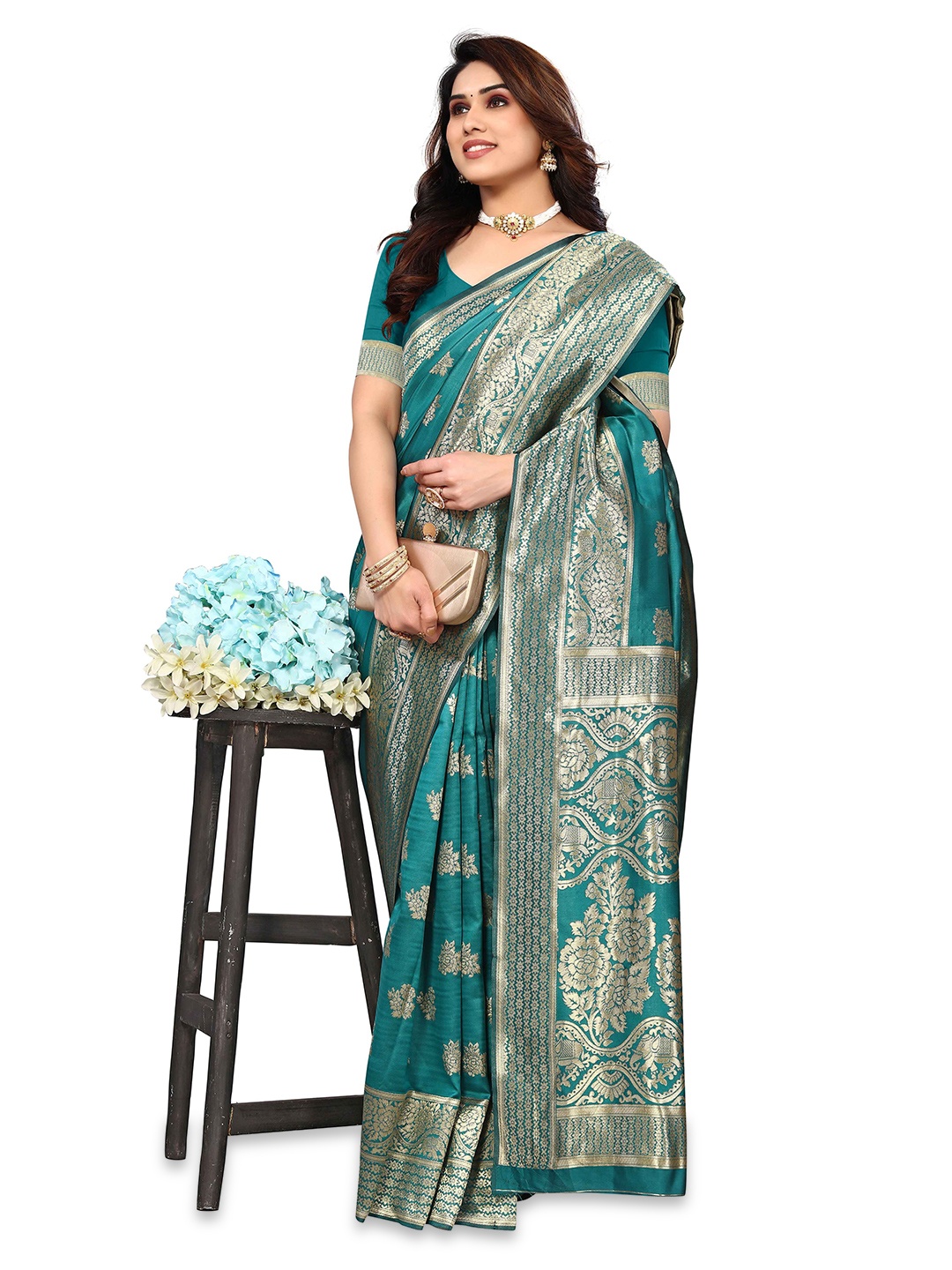 

DIVASTRI Ethnic Motifs Woven Design Zari Banarasi Saree, Teal