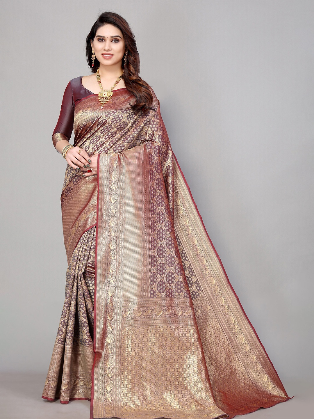 

DIVASTRI Ethnic Motifs Woven Design Zari Silk Cotton Banarasi Saree, Grey