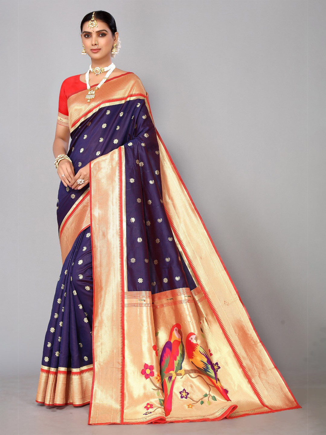 

DIVASTRI Ethnic Motifs Woven Design Zari Silk Cotton Paithani Saree, Navy blue