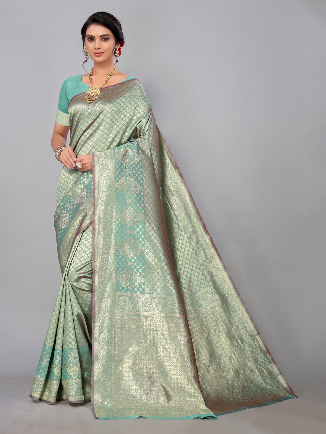 

DIVASTRI Ethnic Motifs Woven Design Zari Banarasi Saree, Teal