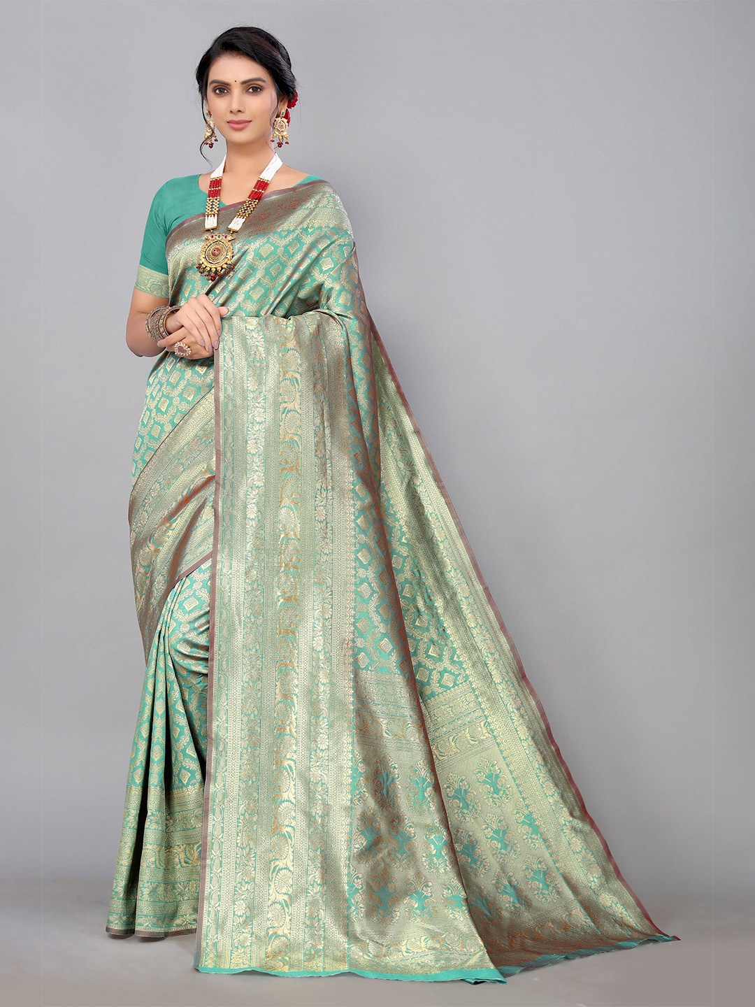

DIVASTRI Ethnic Motifs Woven Design Zari Silk Cotton Banarasi Saree, Teal