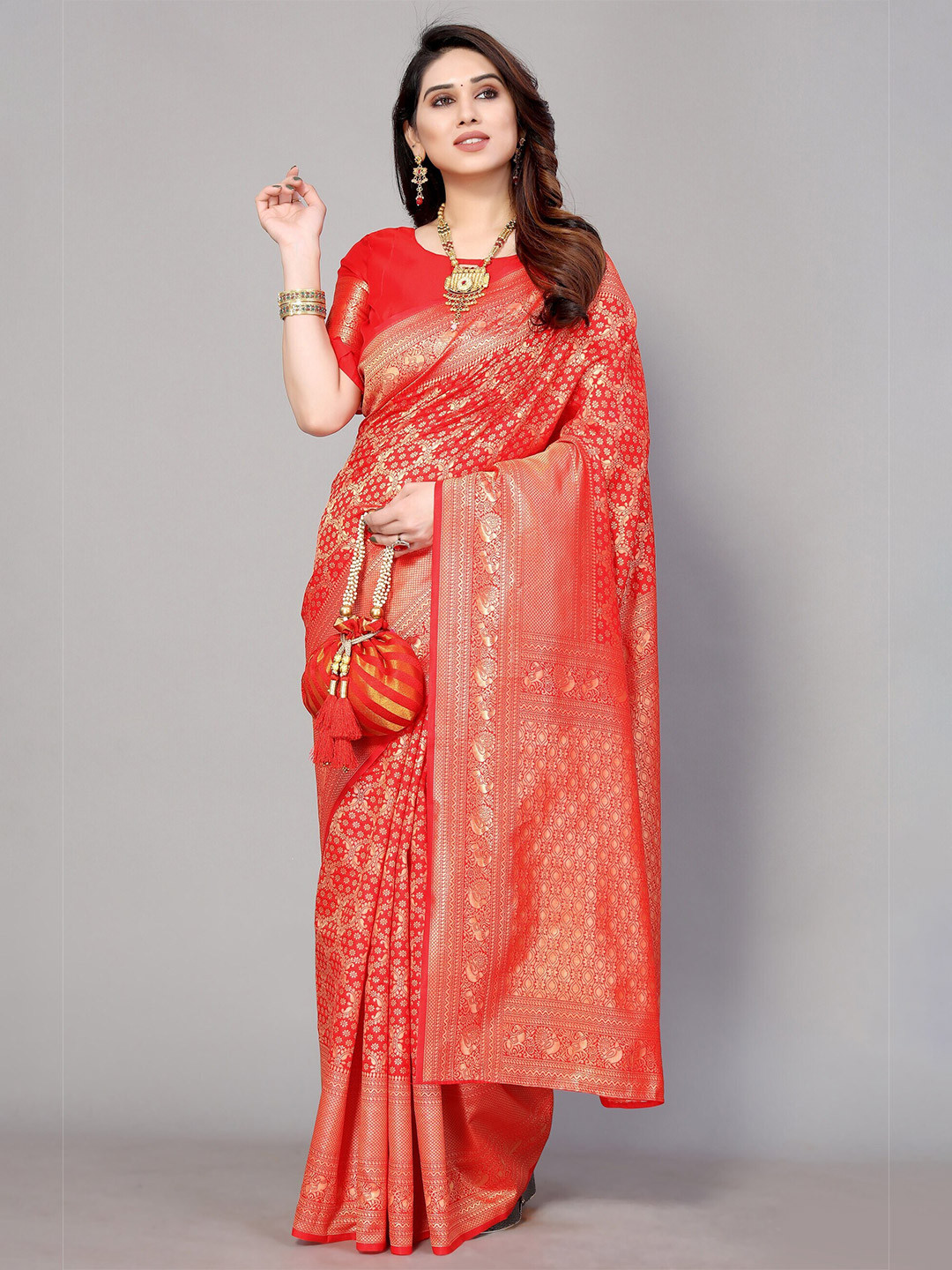 

DIVASTRI Ethnic Motifs Woven Design Zari Banarasi Saree, Red