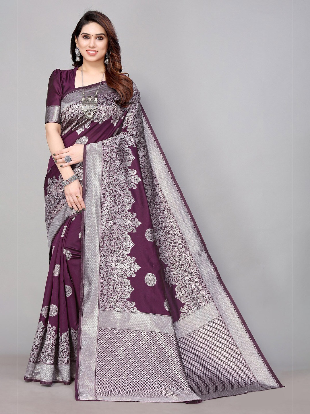 

DIVASTRI Ethnic Motifs Woven Design Zari Silk Cotton Banarasi Saree, Magenta