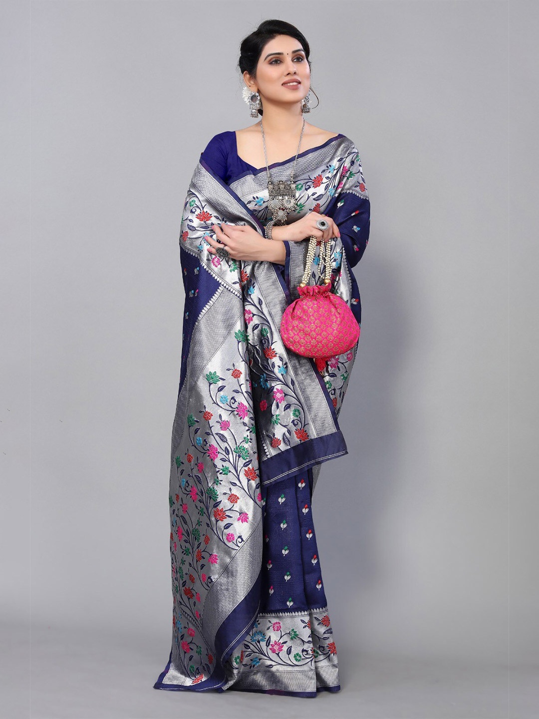 

DIVASTRI Ethnic Motifs Woven Design Zari Silk Cotton Paithani Saree, Navy blue
