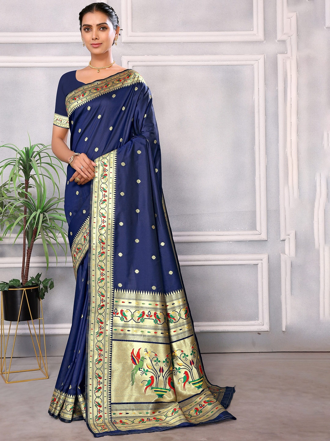 

DIVASTRI Ethnic Motifs Woven Design Zari Silk Cotton Paithani Saree, Navy blue