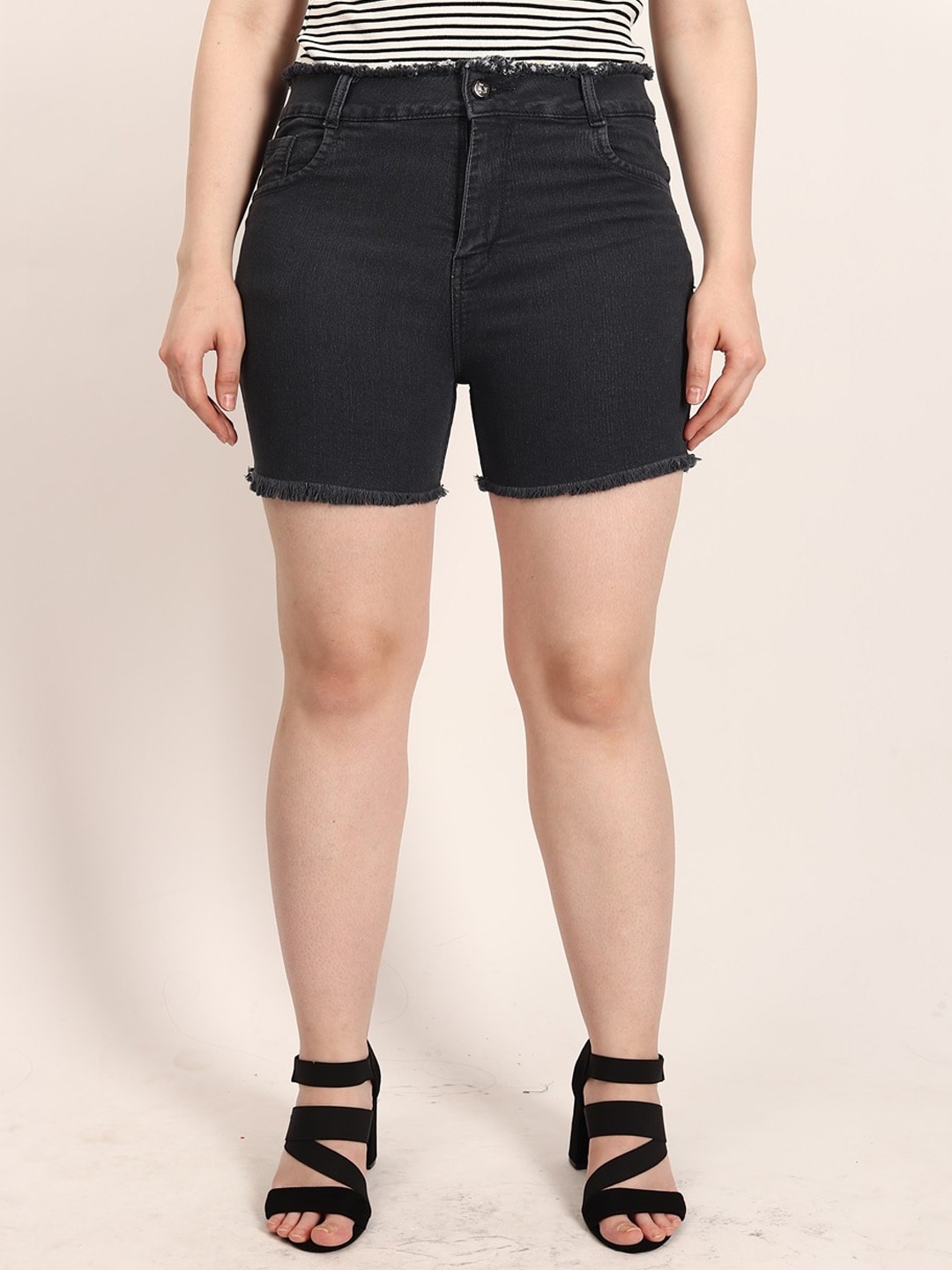LIVE OK Women Skinny Fit High-Rise Denim Shorts, Grey