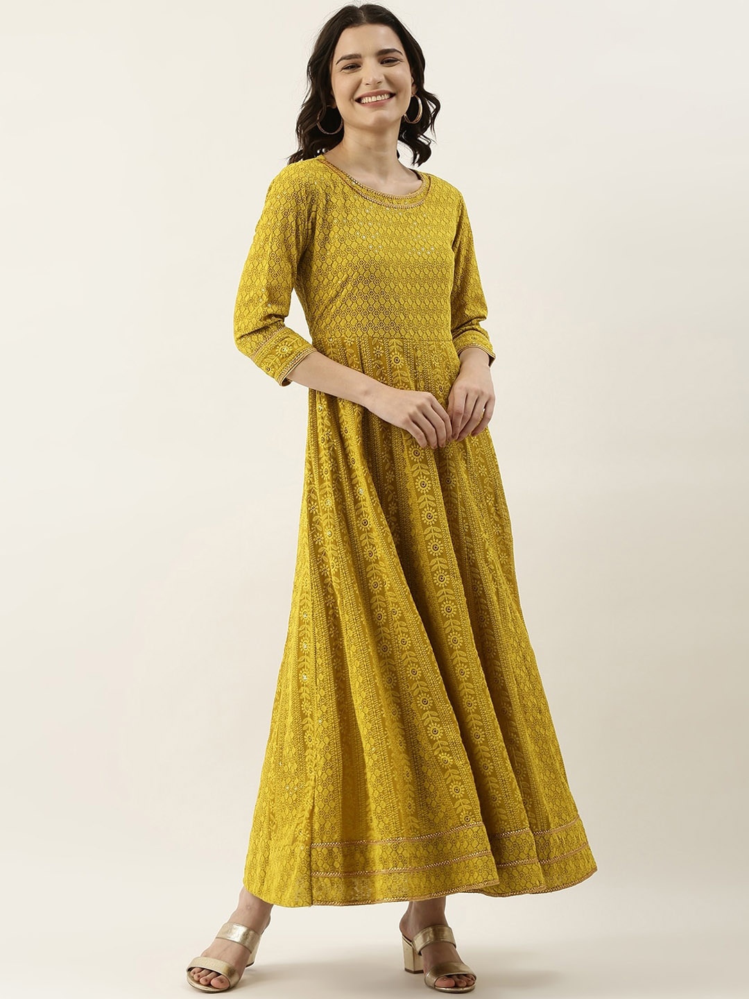 

all about you Mustard Yellow Ethnic Motifs Embroidered Maxi Ethnic Dress