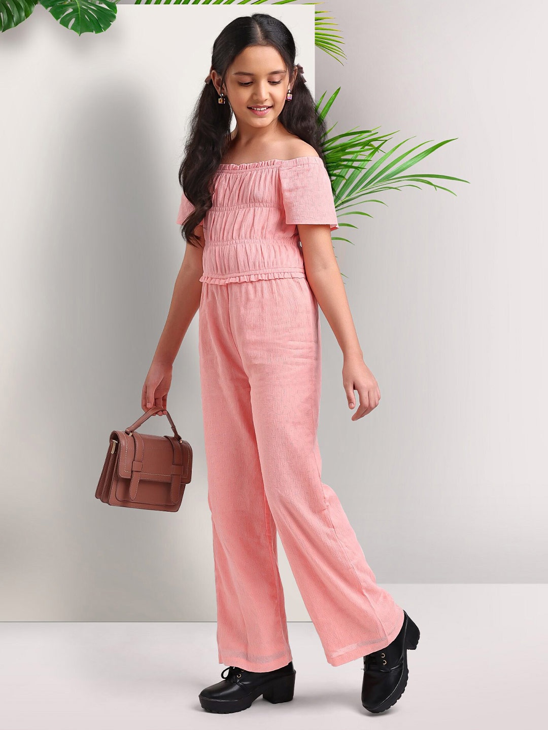 

ARIAS By LARA DUTTA Girls Self Design Off-Shoulder Pure Cotton Jumpsuit, Peach