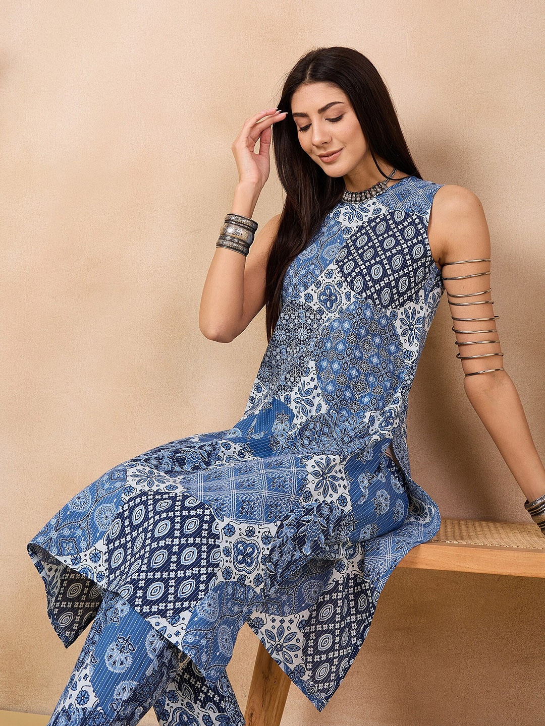 

Anouk Ethnic Motifs Printed Pure Cotton Kurta with Trousers, Blue