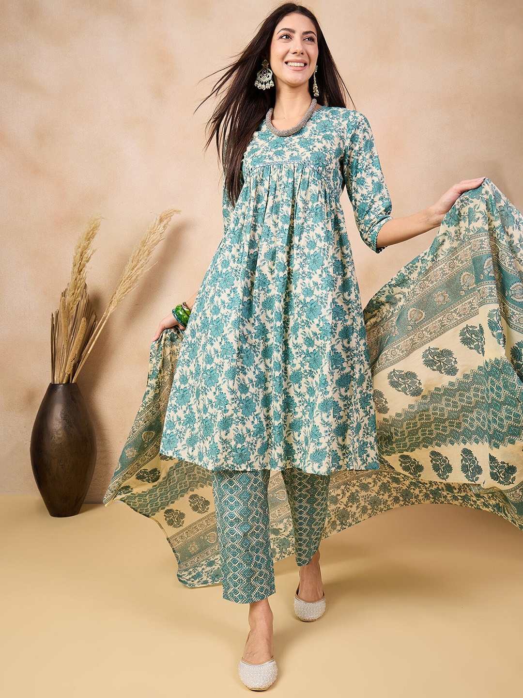 

Anouk Floral Printed Mirror Work Pure Cotton Kurta & Trousers With Dupatta, Blue