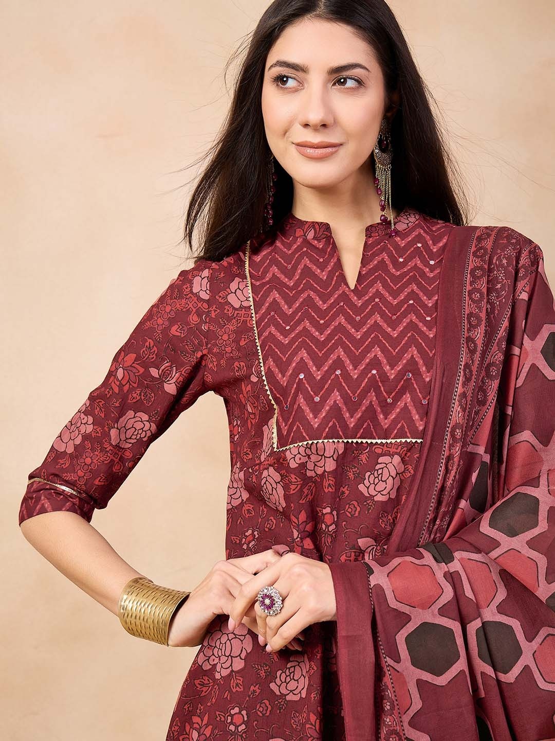 

Anouk Maroon Floral Printed Mirror Work A-Line Pure Cotton Kurta with Trousers & Dupatta